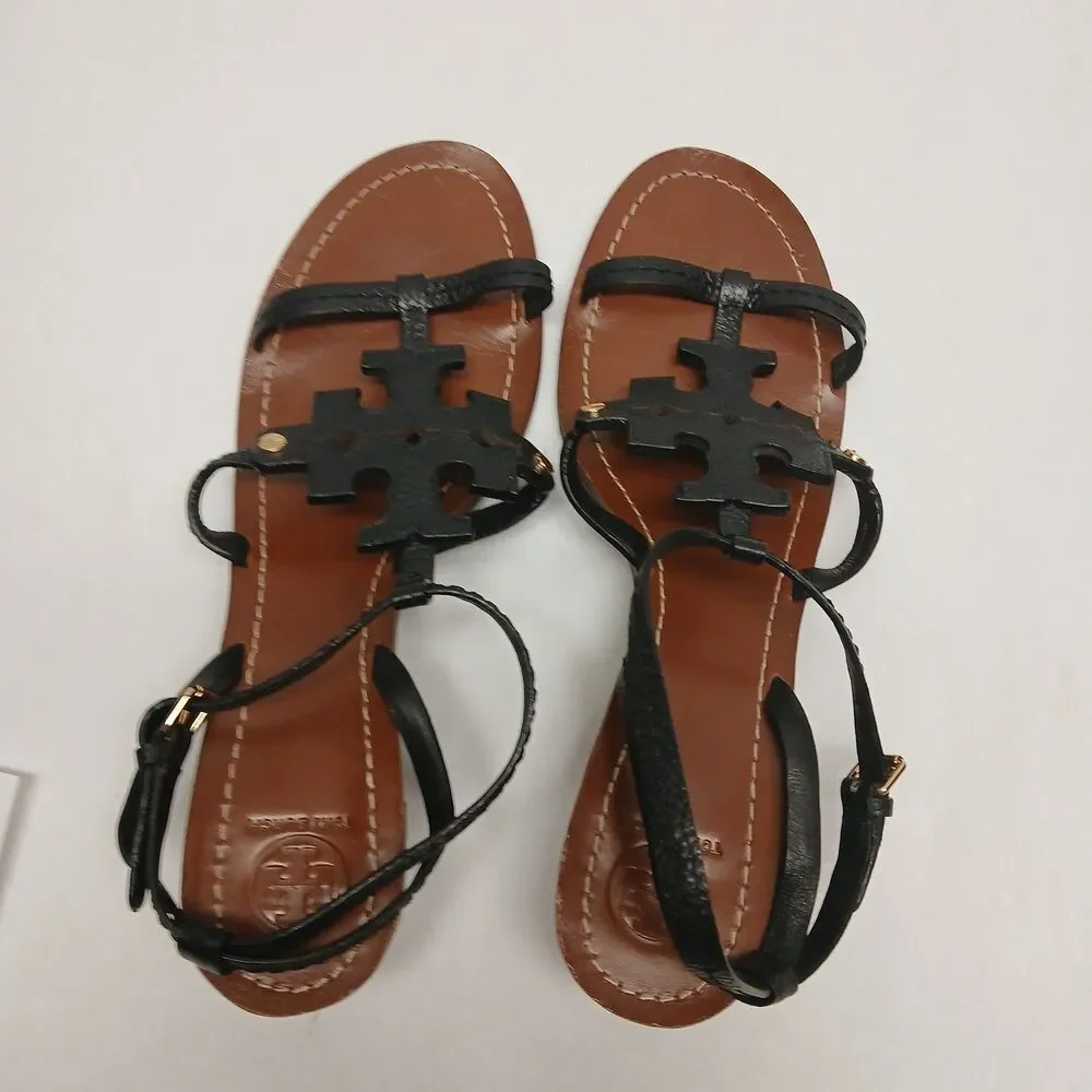 Tory Burch Black Leather Double T Logo Block Heel Ankle Strap Sandals Women's 11